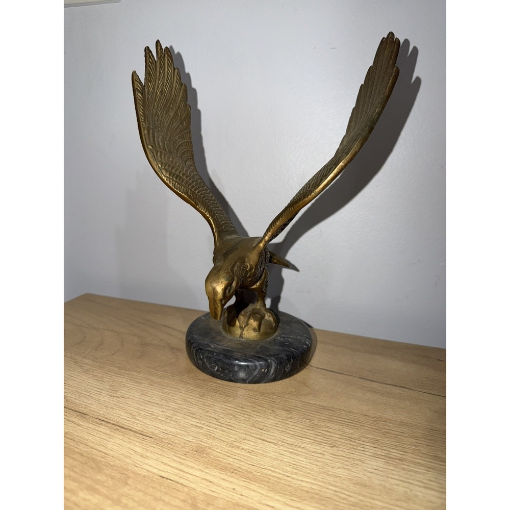 Brass Eagle Landing Figurine Statue Sculpture on Marble Stand Patriotic Vintage